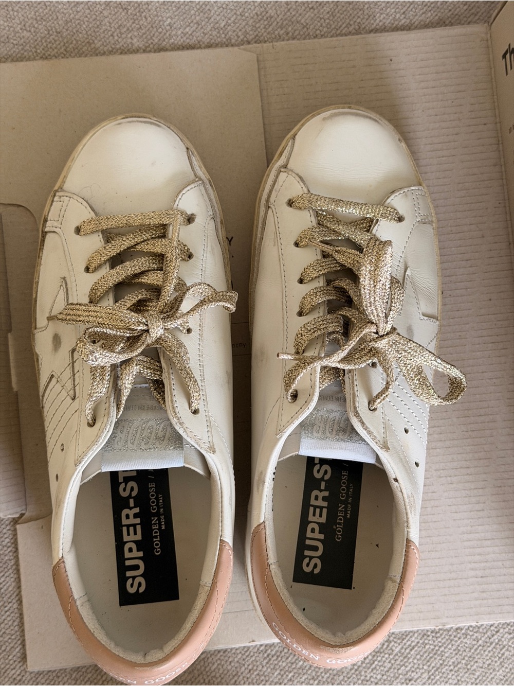 Golden Goose White Leather Sneakers with Gold Laces and Blush Heel Tab